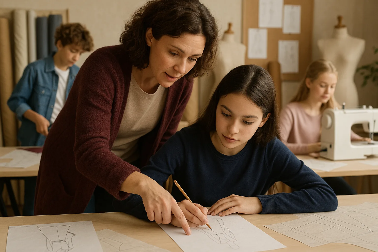 преподаватель помогает ученику с эскизом на занятии